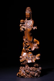 Boxwood Carved GuanYin and Child Figure