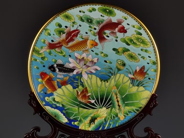 Bronze Cloisonne Carved Lotus Flower and Fish Pattern Plate