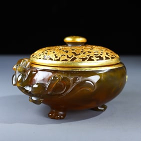 Agate Inlaid Gilt Bronze Carved Dragon Pattern Incense Burner