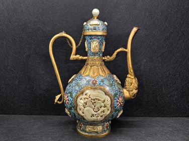 Bronze Cloisonne Inlaid Jade Carved Flower and Bird Pattern Pot