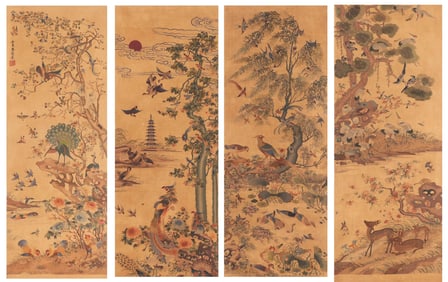 Group of Four Silk Embroidery Flower and Bird Pattern Painting