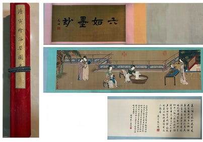 Chinese Drawing Beauty Story Silk Hand Scroll,Tang Yin Mark