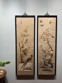 Pair of Silk Embroidery Flower and Bird & Bamboo Pattern Painting