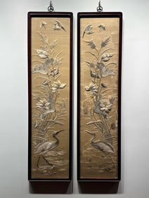 Pair of Silk Embroidery Lotus Flower and Crane Pattern Wall Panel