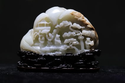 Jade Carved Pine Tree and Character Ornament