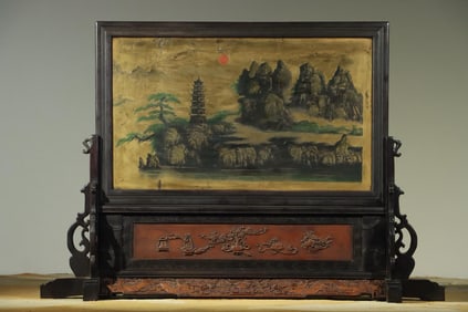 Red Sandalwood Inlaid Bronze Carved Landscape Pattern Table Plaque