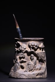 Purple Clay Carved Pine Tree and Character Pattern Brush Pot