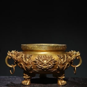 Gilt Bronze Carved Dragon Pattern Double Dragon Ears Incense Burner