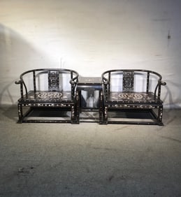 Group of Three Red Sandalwood Mother of Pearl Inlaid Carved Flower and Bird Pattern Chair and Square