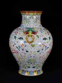 Enamel Drawing Flower Branch Pattern Double Bat Ears Porcelain Vase