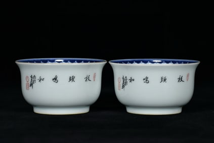 Pair of Famille Rose Flower and Bird Pattern Porcelain Cup