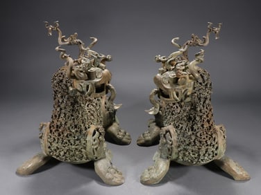 Pair of Chinese Bronze Carved Beast Face Pattern Dragon Shape Figure