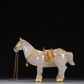 White Crystal Inlaid Gilt Bronze Carved Horse Shape Figure