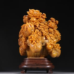 Shoushan Tianhuang Carved Peach and Pomegranate & Buddha Hand Fruit Shape Figure