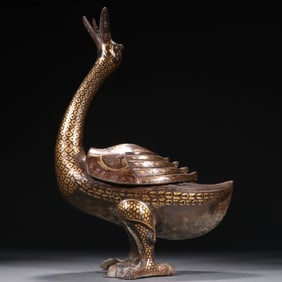 Bronze Gold and Silver Inlaid Carved Duck Shape Incense Burner