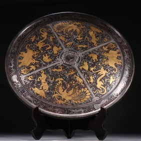 Bronze Gold and Silver Inlaid Carved Dragon and Phoenix & Beast Pattern Mirror