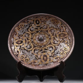 Bronze Gold and Silver Inlaid Carved Dragon and Phoenix Pattern Mirror