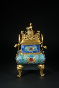 Bronze Cloisonne Carved Flower and Beast Pattern Double Chi Dragon Ears Incense Burner