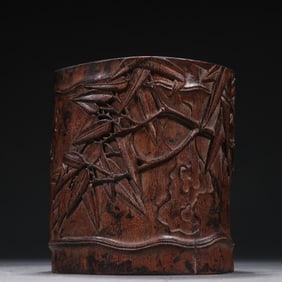 Red Sandalwood Carved Bamboo Pattern Brush Pot