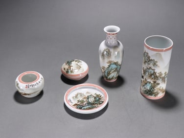 Group of Five Famille Rose Landscape Pattern Porcelain Vase and Washer & Brush Pot