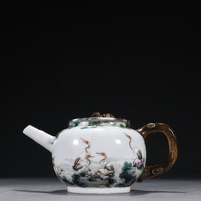 Famille Rose Pine Tree and Crane Pattern Porcelain Teapot