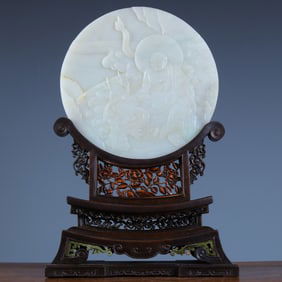 Jade Carved Arhat and Dragon Pattern Table Plaque