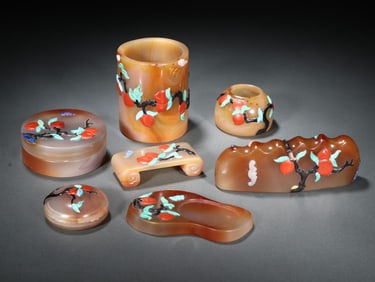 Group of Seven Agate Inlaid Gem Stone Carved Peach Pattern Brush Pot and Ink Stone & Washer