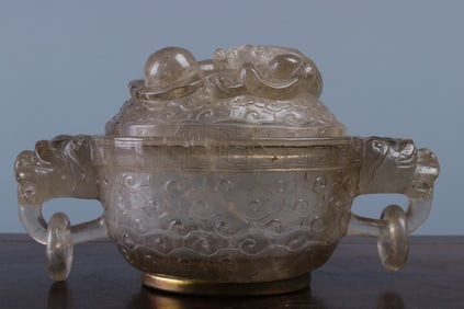 Tea Crystal Carved Flower Pattern Double Chi Dragon Ears Incense Burner