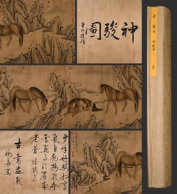 Chinese Drawing Landscape and Horse Hand Scroll,Ke Jiusi Mark