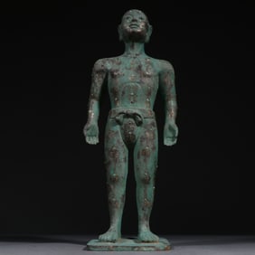 Chinese Bronze Gold and Silver Inlaid Carved Man Shape Figure