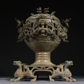 Chinese Bronze Carved Beast Face Pattern Double Chi Dragon Ears Incense Burner