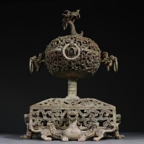 Chinese Bronze Carved Beast Face Pattern Double Phoenix Ears Incense Burner