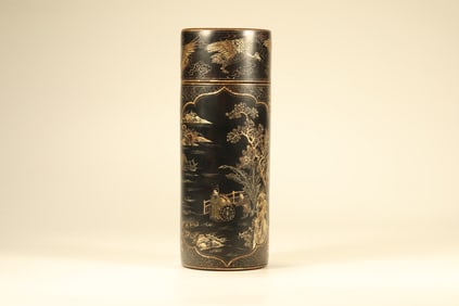 Lacquerware Gold Drawing Carved Landscape and Character Story Pattern Brush Pot