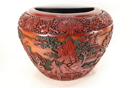 Lacquerware Red Carved Landscape and Character Story Pattern Pot