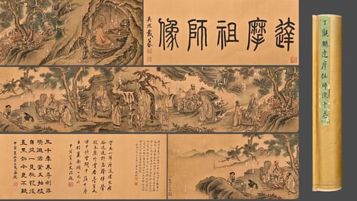 Chinese Drawing Arhat Story Silk Hand Scroll,Ding Guanpeng Mark