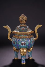 Bronze Cloisonne Carved Flower Pattern Double Ears Incense Burner and Dragon Shape Lid