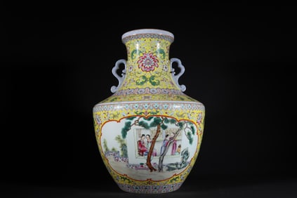 Famille Rose Character Story Pattern Double Ears Porcelain Zun