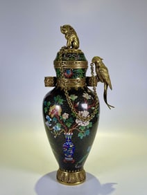 Bronze Cloisonne Carved Flower Pattern Bird Ear Vase