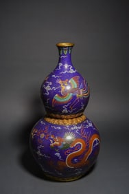Bronze Cloisonne Carved Dragon and Phoenix Pattern Gourd Shape Vase