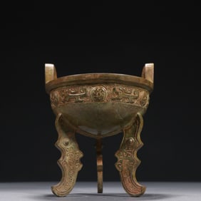 Chinese Bronze Carved Beast Face Pattern Double Ears Ding