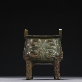 Chinese Bronze Carved Beast Face Pattern Double Ears Ding