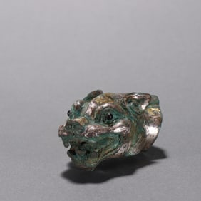 Chinese Bronze Gold and Silver Inlaid Carved Beast Head Ornament