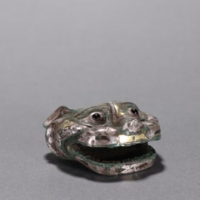 Chinese Bronze Gold and Silver Inlaid Carved Beast Head Ornament