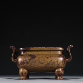Bronze Carved Landscape and Character & Poetry Pattern Double Ears Incense Burner