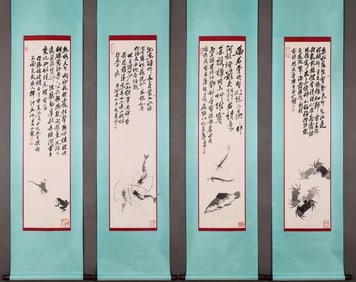 Group of Four Chinese Drawing Fish and Shrimp & Crab & Frog Painting,Qi Baishi Mark