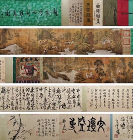 Chinese Drawing Landscape and Character Story Silk Hand Scroll,Zhao Mengfu Mark