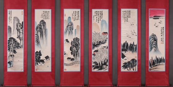Group of Six Chinese Drawing Landscape Painting,Qi Baishi Mark