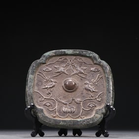 Bronze Inlaid Silver Carved Flower and Bird Pattern Mirror