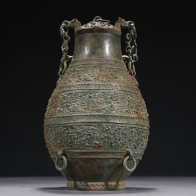 Chinese Bronze Carved Beast Face Pattern Handle Pot
