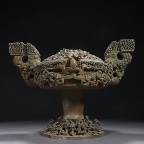 Chinese Bronze Carved Dragon Pattern Double Ears Lid Pot